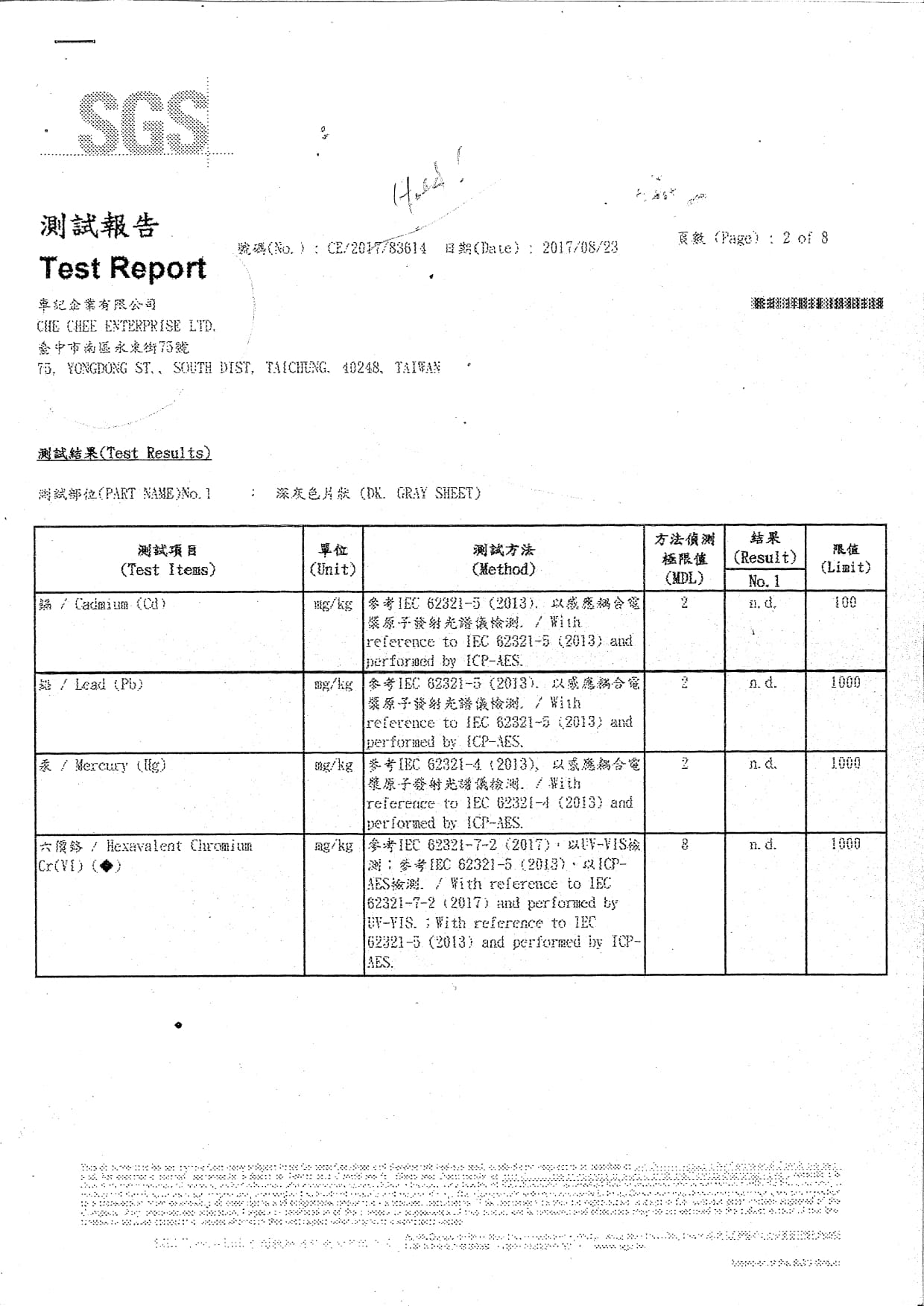 統信摩擦片無石綿SGS測試報告